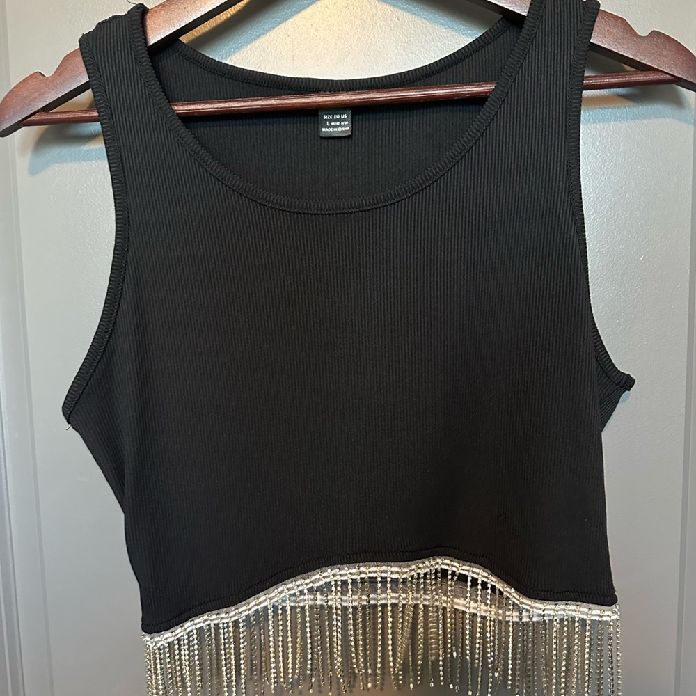 Black Crop Top with Fringe Accents